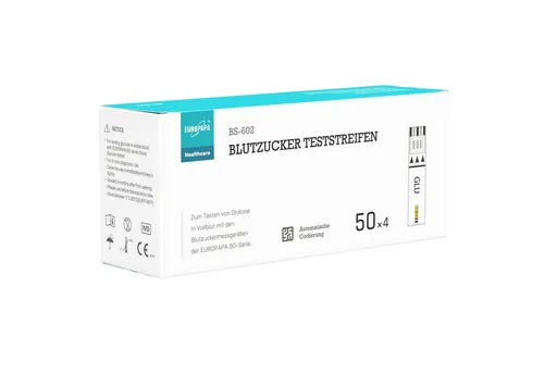 EUROPAPA® Blutzuckerteststreifen 200 STK. - Zuverlässige Blutzucker-Kontrolle für Diabetiker - Blutzucker Teststreifen für präzise Diabetesüberwachung, 200 Stück in lichtgeschützter Flasche, ideal für Zuhause und unterwegs, kompatibel mit EUROPAPA BG-Serie.