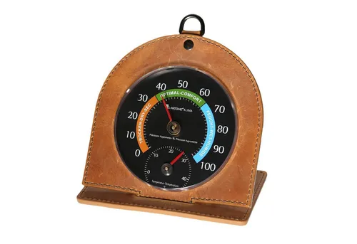 Lantelme Hygrometer Thermometer Kombi in Echtleder Ständer Farbwahl Temperatur Luftfeuchte, (2 Teilig), Lederrahmen 10x10x4cm, Temperatur -5 bis +45°C, Luftfeuchte 0 bis 100%