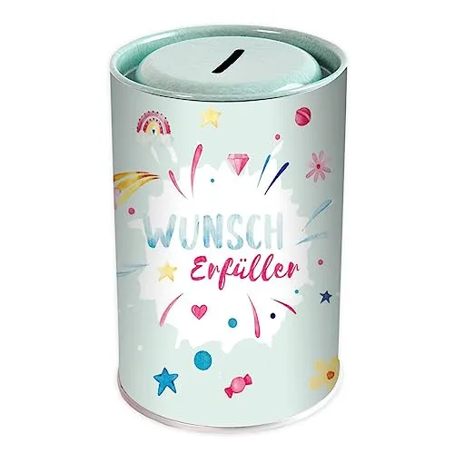 Wunscherfüller Spardose aus Blech I Urlaub, Kommunion und besondere Anlässe I Stilvolles Geldgeschenk I Modernes Design I Geld sparen für Traumreisen und Wünsche
