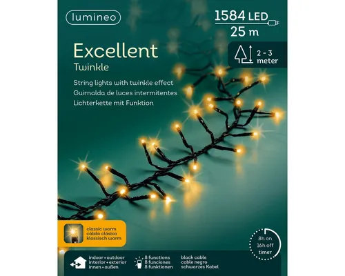 Lumineo Lichterkette EXCELLENT TWINKLE 1584 LED 25 m - Wetterfeste Lichterkette für Innen- und Außenbereich mit 1.584 LEDs in warmem Licht. 8 Lichtfunktionen und praktische Timer-Funktion für automatisches Einschalten. Ideal für Weihnachtsbäume bis 3 m Höhe.