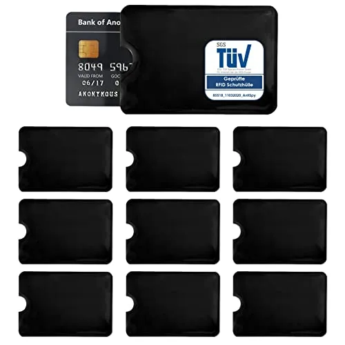 AntiSpyShop 10x RFID Schutzhüllen, TÜV geprüft, NFC Blocker - Kreditkarte, Bank EC Karte Abschirmung (Schwarz)
