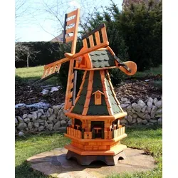 Schöne Windmühle mit Solarbeleuchtung und Gauben grün Typ 17.1 - Romantische 6-eckige Gartenwindmühle aus massivem Holz, wetterfest und mit Solarbeleuchtung für stimmungsvolle Abende. Ein echter Blickfang mit liebevollen Details für Ihren Garten!