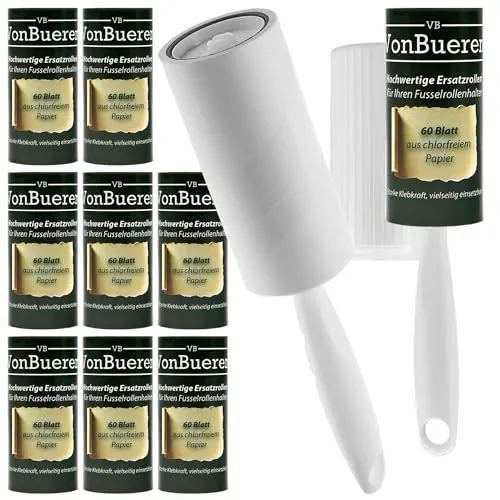Fusselrolle Tierhaare 10 Rollen VonBueren | +2 Abroller + 2 Hüllen | Fusselrollen für Kleidung | Fusselbürste | Lint Roller | für Hunde und Katzen