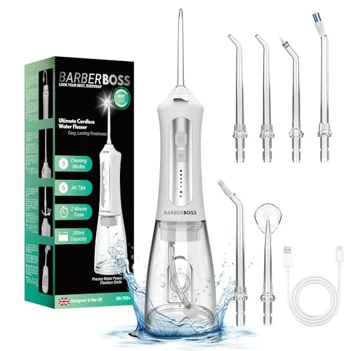 BarberBoss Water Flosser, Plaque-Entferner für Zähne, Munddusche, elektrischer Zahnseide-Apparat, Zahndusche mit 5 Düsen und Reinigungsmodi, tragbarer Mundduschen-Apparat, QR-7024, (weiß)