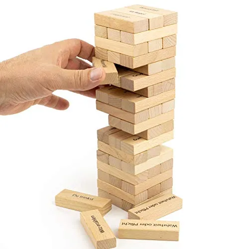 Produktbild Your Day Mate Wackelturm Trinkspiel, mit 54 bedruckten Holzklötzen, deutsche Version, große Größe, mit 18 x 3 versch. Aktivitäten, Saufspiel Vorglühen, Partyspiel Drunken Tower, lustiges Trinkspiel