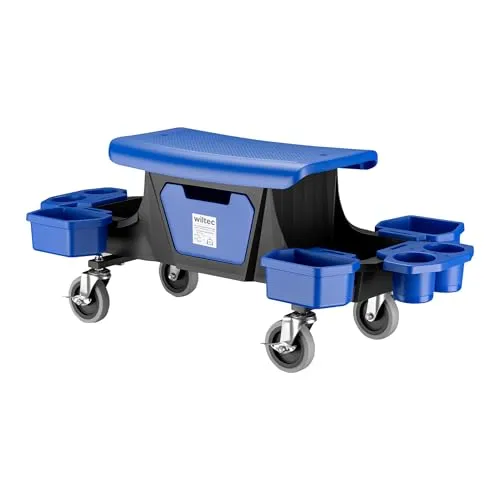 Wiltec Rollsitz bis 150 kg, Werkstatthocker mit Rollen, Rollhocker mit Werkzeugablage und Halterungen, Werkstattstuhl mit versteckter Schublade, Montagehocker mit Rädern