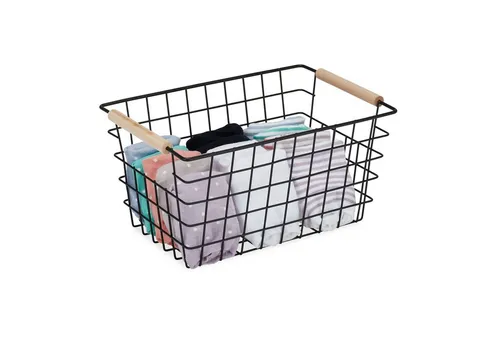 relaxdays Allzweckkorb Drahtkorb mit Holzgriffen, schwarz