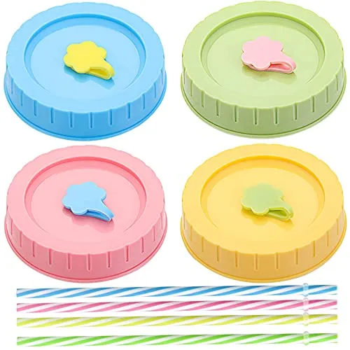 Stück Mason Jar Deckel mit Loch, 4 Stück Plastikstrohhalme und Silikonstopfen, Dosendeckel mit Strohhalm, Deckel Wiederverwendbar Schraub, für Mason Gläser, Marmeladengläser, 4 Farben 4