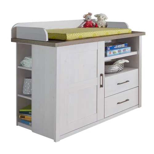 Wickelkommode LUND-78 im Landhausstil - Wickeltisch für das Babyzimmer mit 2 Schubkästen, 3 Einlegeböden und Softclose-Türen. Ideal für die Aufbewahrung von Babykleidung und Pflegeutensilien.