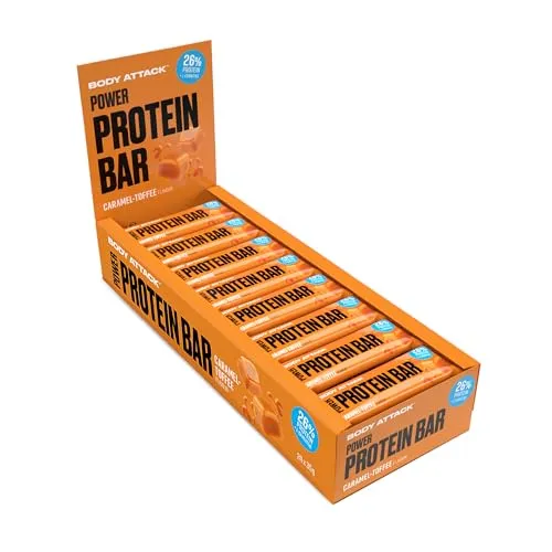 Body Attack Proteinriegel Caramel Toffee - 24 x 35 g - Proteinriegel: Leckere, fettarme Snack-Alternative für Muskelaufbau mit 25% hochwertigem Milcheiweiß und wertvollen Vitaminen - ideal für Fitness und Diät!