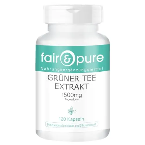 Fair & Pure Grüner Tee Extrakt 1500 mg pro Tagesdosis, 120 Kapseln, standardisiert auf Polyphenole & EGCG, Nahrungsergänzungsmittel vegan ohne Magnesiumstearat, in Deutschland hergestellt