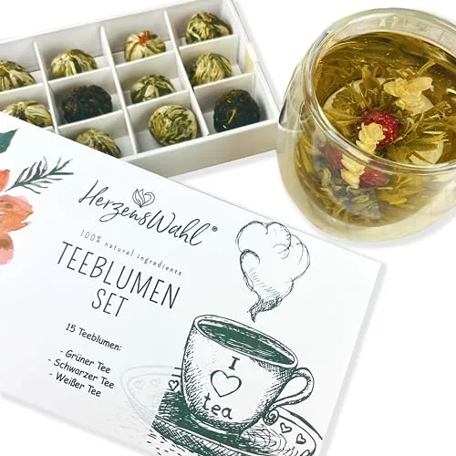 HerzensWahl Teeblumen Geschenkset | 15x Teeblumen weißer Tee, grüner Tee & schwarzer Tee in Teebox | Teerosen Probierset | Teeblumen Set für Teeliebhaber inkl. Geschenkbox