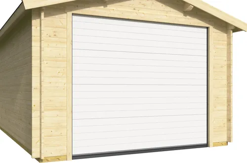 Fjordholz Holzgarage Modell Ibiza 44 C - Massive Holzgarage aus nordischer Fichte mit 44mm Wandstärke. Robuste Konstruktion für Wind- und Schneelasten, inkl. zwei hochwertigen Garagentoren und isolierverglasten Fenstern. Individuelle Anpassungen möglich.