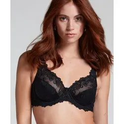 Hunkemöller Unwattierter Bügel-BH Diva - Schwarz - 90C - Eleganter unwattierter Bügel-BH aus undurchsichtigem Stoff, verziert mit semitransparenter Spitze und Blumenmuster. Ideal für einen stilvollen Look, perfekt kombinierbar mit dem passenden Diva-Slip.
