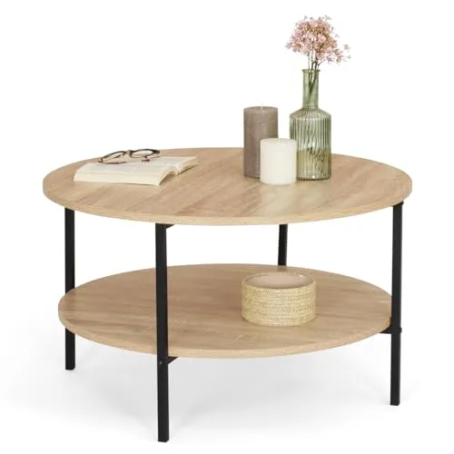 IDMarket Couchtisch mit doppeltem Tablett, rund, 70 cm, Industriedesign