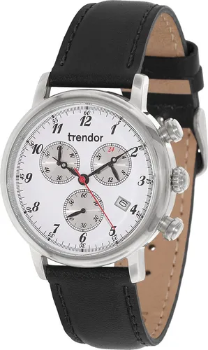 trendor 7590-01 Doreen Damen-Chronograph - Eleganz in Weiß - Elegante Damen-Chronograph mit poliertem Edelstahlgehäuse und schwarzem Lederarmband. Verfügt über präzises Miyota Chrono-Quarzwerk und praktische Stoppfunktion. Ideal für stilbewusste Frauen.