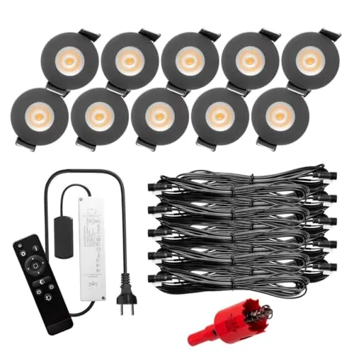 S-Polytec PREMIUM Mini LED- Einbauspots Warmweiss 3.000K, DIMMBAR, IP65, FUNK 3W Einbaustrahler Terrassenüberdachung, Bad, Sauna mit Fernbedienung (ANTHRAZIT, 10x LED-SET)