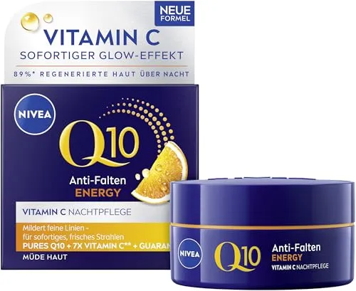 NIVEA Q10 Anti-Falten ENERGY Vitamin C Nachtpflege, feuchtigkeitsspendende Nachtcreme mit Q10, Vitamin C und Guarana-Extrakt, straffende Gesichtspflege für müde Haut (50 ml)