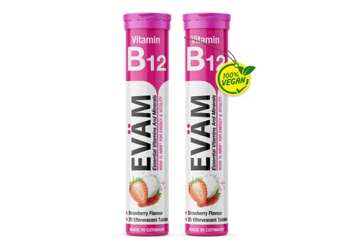 EVÄM VITAMIN B12 hochdosiert 1.000 % NRV, MIT ERDBEERGESCHMACK Brausetabletten, 2 er Röhrchen à 20 St., 164 g, made in Germany