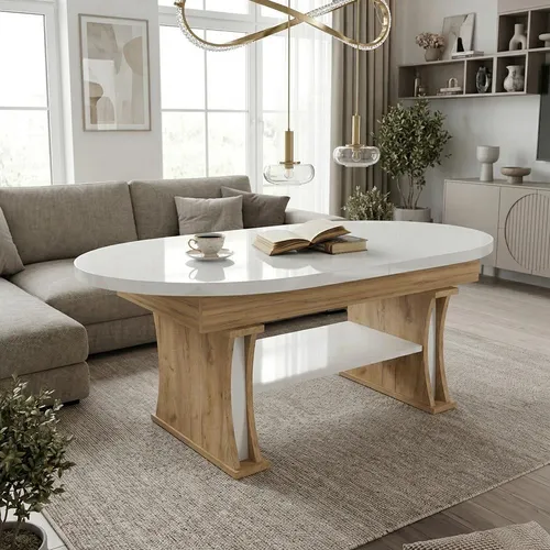 DA-130 Ovaler Couchtisch Weiß Hochglanz/Eiche Gold, ausziehbar 130-170 cm