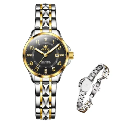 Raitown Damenuhr Edelstahl mit kleinem Gehäuse 30 mm Ultraleicht 60 g Japanisches Quarzwerk wasserdicht 3 ATM Datum Strass Modeuhr für den Alltag (Gold, Silber, Blau, Schwarz)