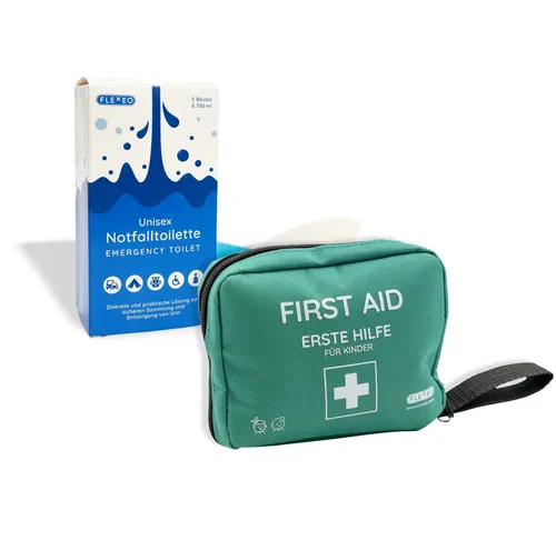 FLEXEO Erste-Hilfe-Set und Notfalltoilette - 47-teiliges Erste-Hilfe-Set für Kinder mit Pinkelbeuteln. Ideal für Ausflüge, Reisen und Camping. Mit kindgerechten Extras und hygienischen Lösungen für unterwegs.