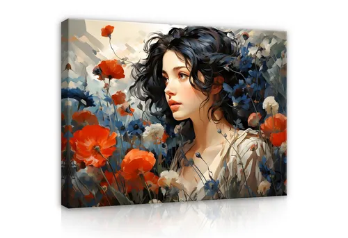Wallarena Leinwandbild Frau Blumen Kunst Wandbild XXL Leinwandbilder Modern, Gemalt (Einteilig, 1 St), Leinwandbild Leinwand Bilder Bild Groß Aufhängefertig