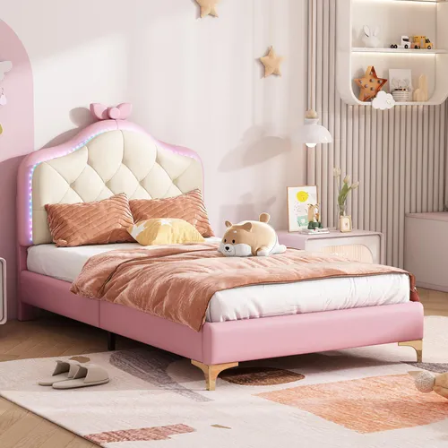 Polsterbett mit RGB LED-Beleuchtung (90x200 cm) - Rosa, Einzelbett mit Kopfteil - Modernes Polsterbett mit gepolstertem Kopfteil und RGB LED-Beleuchtung. Ideal für Kinder- oder Jugendzimmer, stabil und stylish. Ohne Matratze und Dekoration.
