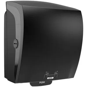 KATRIN Papierhandtuchspender System 82070 schwarz - Hochkapazitativer Papierhandtuchspender für stark frequentierte Waschräume. Mit transparenten Seitenwänden für einfache Füllstandskontrolle und praktische PUSH-Taste für müheloses Nachfüllen.