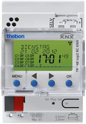 Theben TR 648 top2 RC KNX - Digitale Zeitschaltuhr mit 8 Kanälen - Digitales Steuergerät für präzise Zeitplanung, inklusive Jahres- und Astro-Programm sowie Zeitsynchronisation über externe DCF- oder GPS-Antenne.