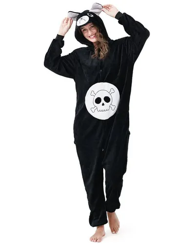 Katara Glücksbärchi Jumpsuit für Erwachsene - Pechbärchi Onesie - Partyanzug in schwarz, ideal für Karneval, Halloween und Mottopartys. Aus weichem Material für maximalen Komfort und Bewegungsfreiheit.