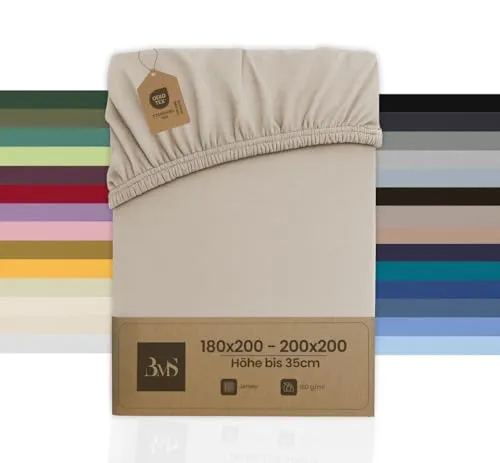 Bettwaesche-mit-Stil Spannbettlaken Jersey Spannlaken Spannbetttuch (180x200-200x200 cm, Matratzenhöhe bis 35cm, Beige) Gewicht: 180g/m², 90% Baumwolle 10% Elasthan