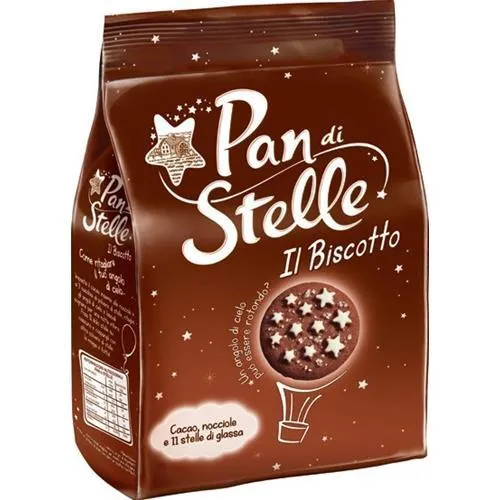 Mulino Bianco Pan di Stelle Kekse 350g - Italienische Kekse mit schokoladigen Sternen, ideal für den Genuss zwischendurch oder als Begleitung zu Kaffee und Tee.