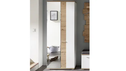 Garderobenschrank Dielenschrank Flur weiß matt mit Spiegel - Wandgarderobe in elegantem Design, kombiniert mit Artisan Eiche für mehr Stauraum und Stil im Flur.