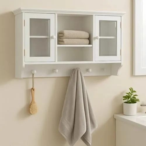 Riyashop Wandschrank Wandgarderobe Wandvitrine Weiss Wandregal Hängeschrank Glastür Wandschrank Regalen, passend für Büros, Esszimmer, Wohnzimmer, Küchen und Badezimmer Landhaus