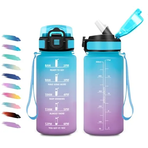 Trinkflasche Kinder 500ml, Sportflasche mit Strohhalm, Auslaufsicher Trinkflasche Kohlensäure Geeignet, Motivierende Wasserflasche mit Zeitmarkierung, Perfekt für Schule, Sport, Outdoor, Wandern