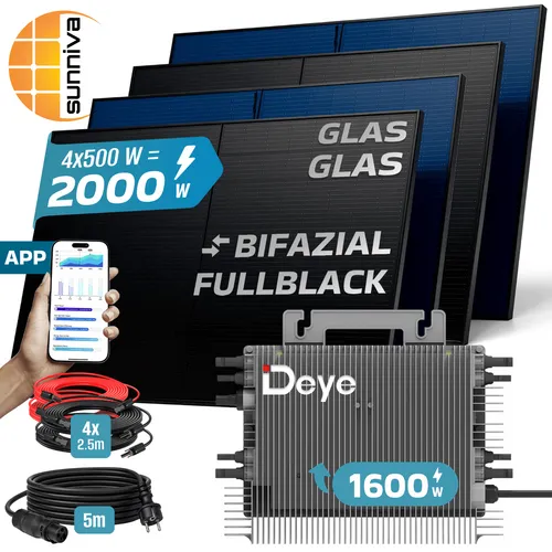 SUNNIVA Balkonkraftwerk 2000W BIFAZIAL FULLBLACK - Balkonkraftwerk: Genehmigungsfreie Solaranlage mit 2000W Leistung, die Strom direkt ins Netz einspeist. Bifaziale Module sorgen für höheren Ertrag, selbst bei schwachem Licht.