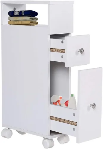 HappyHome Badschrank mit Rollen HBS01-WEI - Praktischer Badschrank mit Rollen für mehr Stauraum. Mit zwei Ebenen und Schubladen bietet er Platz für Hygieneartikel und Dekoration. Das elegante Weiß fügt sich ideal in Ihr Badezimmer ein. Maße: 15 x 33 x 65 cm.
