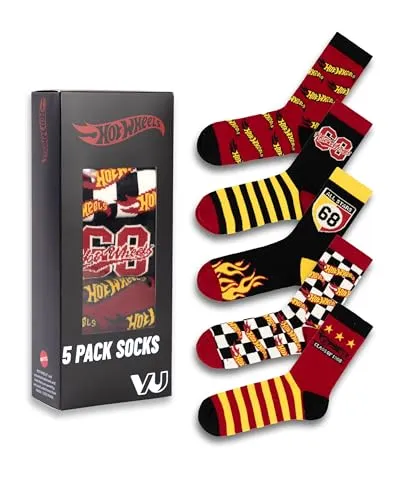 Hot Wheels Herren-Wadensocken in Rot, Schwarz, Gelb und Weiß, 5er-Set | Schachbrett- und Flammen-Designs | Multipack für den Alltag | Retro-Rennmuster Merchandise für Herren