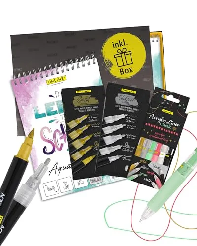 Online Lettering Set mit Acrylstiften und Brush Pen - Kreatives Set für Handlettering und Kalligrafie: Schnelltrocknende, stark deckende Acrylstifte in Gold, Silber und klassischen Farben, ideal für verschiedene Oberflächen und kreative Projekte.