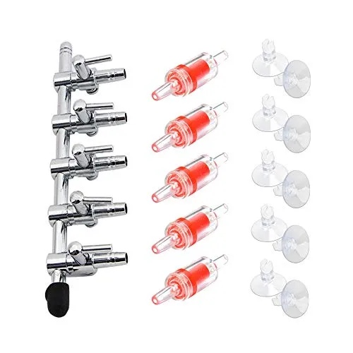 Bornfeel Aquarium Luftverteiler 16 in 1 Set 5-Wege Ventil Luftbahn 5 Rückschlagventil 10 Saugnäpfe für 4/6mm Schlauch Luftpumpe 5-Fach Metall Luftabsperrhahn