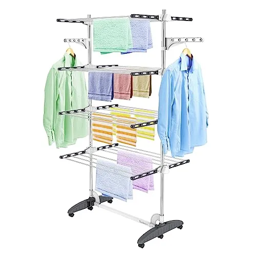 Todeco Klappbarer Wäscheständer Turm aus Edelstahl - Wäscheständer mit 4 Ebenen, 6 Rollen und klappbarem Design für platzsparendes Trocknen. Ideal für Balkon, Badezimmer und mehr, mit einer maximalen Belastbarkeit von 3 kg pro Ebene.
