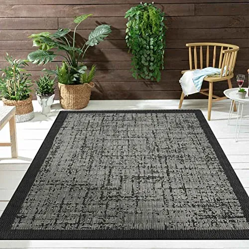 VIMODA Teppich In- und Outdoor Flachgewebe Terrasse Balkon Wintergarten Robust Abstrakt Grau Anthrazit Braun, Farbe:Anthrazit, Maße:60x100 cm