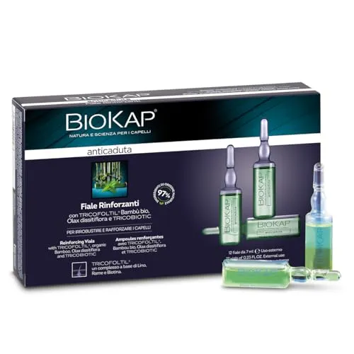 BIOKAP Stärkende Ampullen 12 x 7 ml, Anti-Haarausfall Kur, INTENSIVANWENDUNG, 98 % natürliche Inhaltsstoffe, stärkt & festigt das Haar mit Bio-Bambus & Olax dissitiflora, Leinsamen, Kupfer, Biotin
