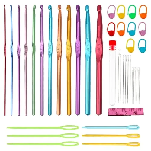 WOLMIK 47 Stück häkelnadel set, 12 Größen 2mm-8mm Häkelnadel aus bunt Aluminium mit Häkel Zubehör, Ergonomische häkelnadeln Crochet Set, DIY-Handstrick-Handwerkskunst-Werkzeuge für Anfänger