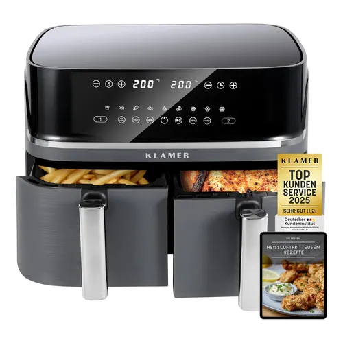 KLAMER Heißluftfritteuse Duo 9 L – Doppelkammer Airfryer mit Digitaldisplay