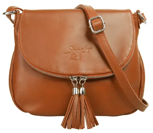 Samantha Look Umhängetasche Damen 020614 cognac - Modische Umhängetasche aus 100% echtem Leder mit verstellbarem Schulterriemen, ideal für jeden Anlass. Charmante Quasten und praktische Fächer bieten Stil und Funktionalität.