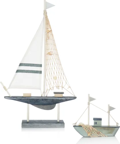 COM-FOUR® 2x Maritimes Deko Segelschiff aus Holz in verschiedenen Größen - Dekoratives Holzboot mit Mittelmeer-Flair - Deko für Badezimmer [Farbauswahl variiert!]