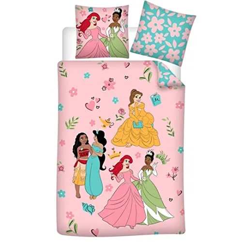 Wende Bettwäsche-Set Disney Prinzessinnen 100% Baumwolle - Bettwaren-Set für Kinder, bestehend aus 1 Kissenbezug (80x80 cm) und 1 Bettbezug (135x200 cm), aus hochwertiger, 100% Baumwolle, geprüft nach Öko Tex Standard 100, für süße Träume.