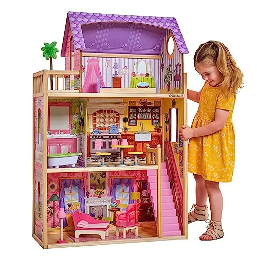 KidKraft Puppenhaus Kayla aus Holz mit Möbeln - Puppenhäuser: Traumhaftes 3-stöckiges Puppenhaus aus hochwertigem Holz, inklusive 10-teiligem Zubehörset für endlosen Spielspaß, ideal ab 3 Jahren.